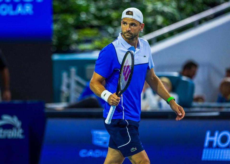 Grigor Dimitrov, of Bulgaria reacts as he leads against Alexander Zverev, of Germany, during the men’s single men’s semifinals at the Miami Open tennis tournament, on Friday, March 29, 2024.