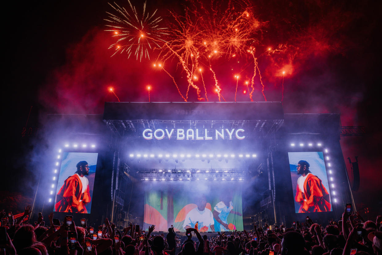 Fireworks are set off above the stage at Governors Ball in New York City.