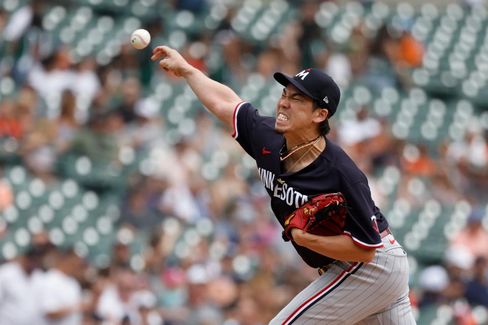 Minnesota Twins starting pitcher Kenta Maeda pitches in the second inning against the Detroit Tigers at Comerica Park in Detroit, Michigan on Aug. 10, 2023.