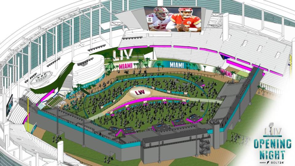 A rendering of how Marlins Park will look for Super Bowl 54’s Opening Night on Monday, Jan. 27, 2020.