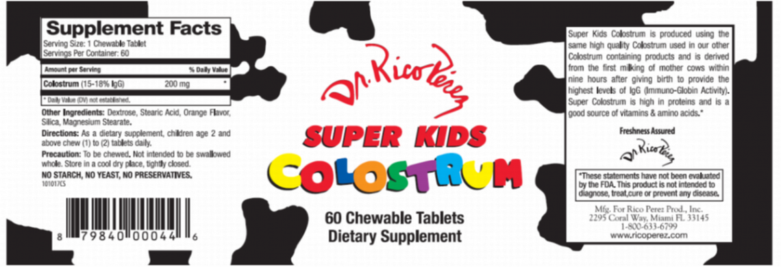 The label for the recalled Dr. Rico Perez Super Kids Colostrum