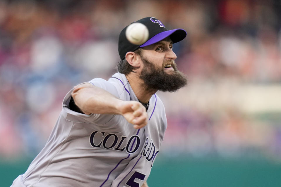 Colorado Rockies starting pitcher Jake Bird throws during the first inning of a baseball game against the Washington Nationals at Nationals Park, Monday, July 24, 2023, in Washington. (AP Photo/Alex Brandon)