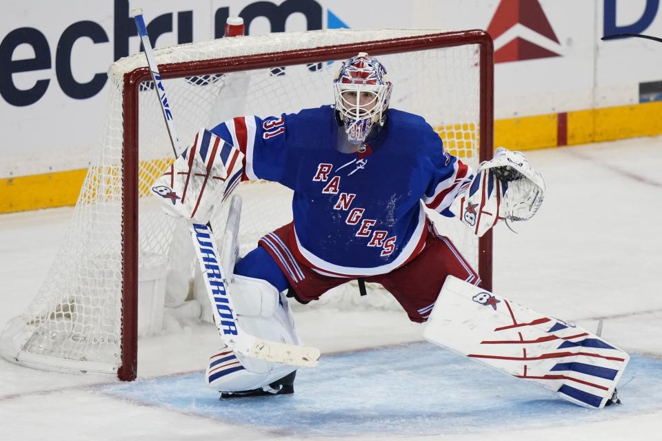 New York Rangers goaltender Igor Shesterkin (31) protects his net during the third period of an NHL hockey game against the Carolina Hurricanes, Thursday, Nov. 2, 2023, in New York. (AP Photo/Frank Franklin II)