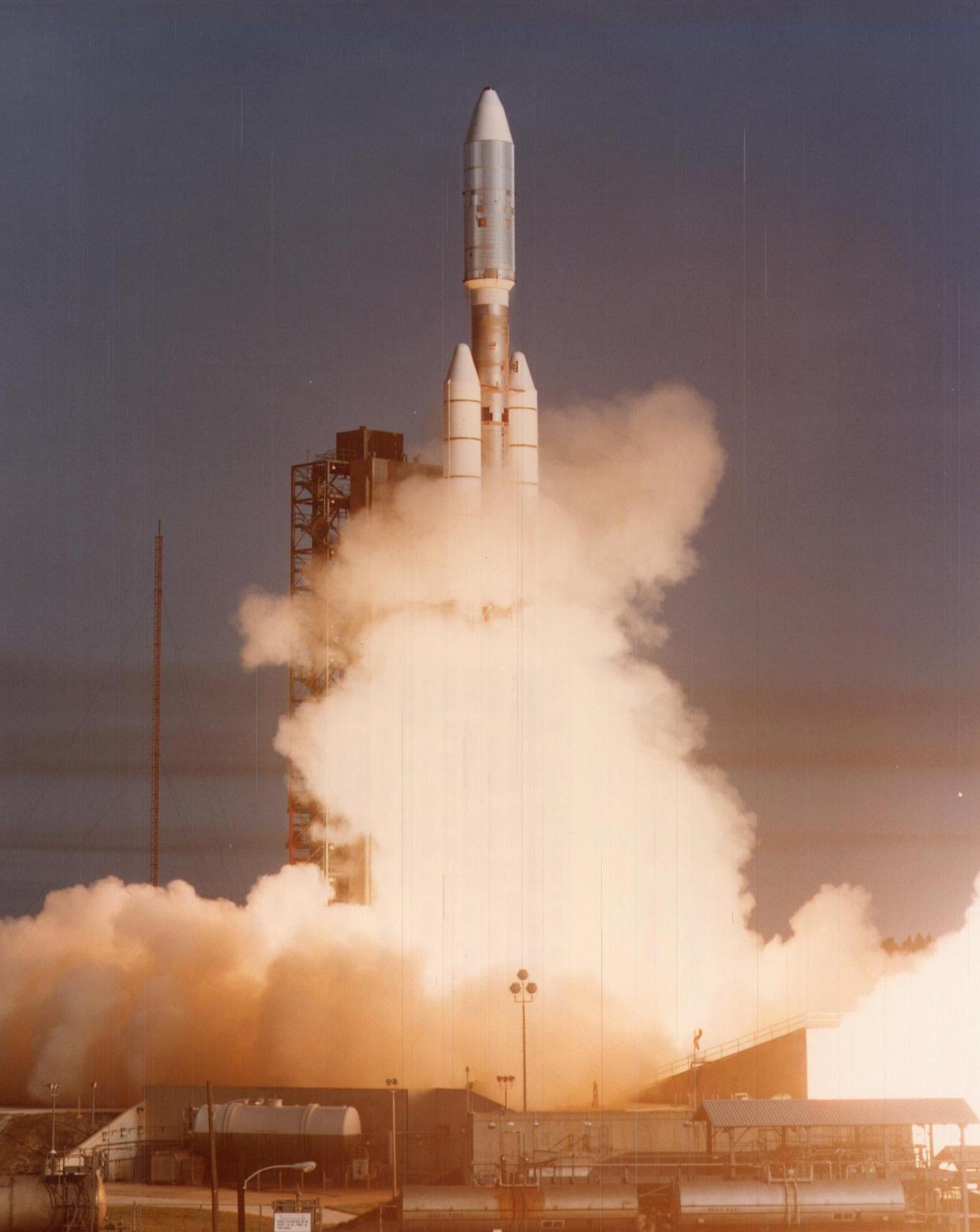 The Voyager 1 spacecraft launching in 1977