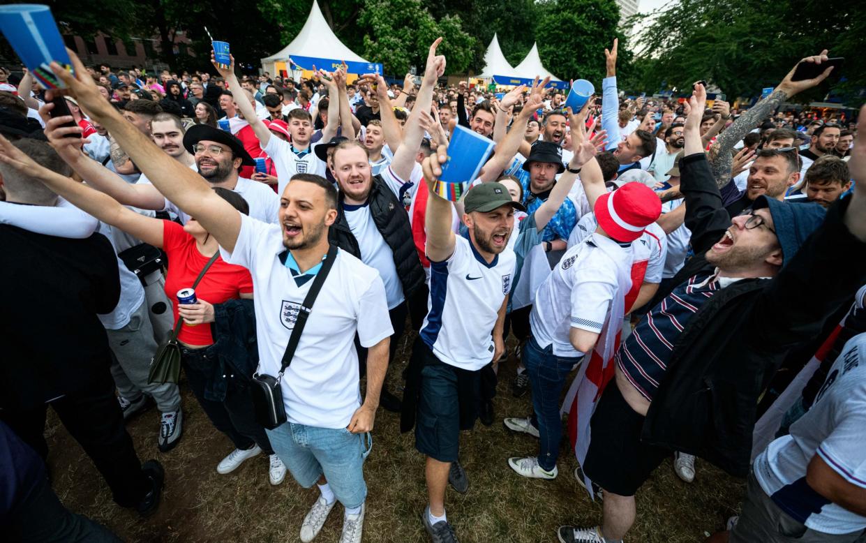 England fans celebrates at the official UEFA Fan Zone during the UEFA EURO 2024 Group C match between Serbia and England at the Fan Zone on June 16, 2024 in Frankfurt, Germany