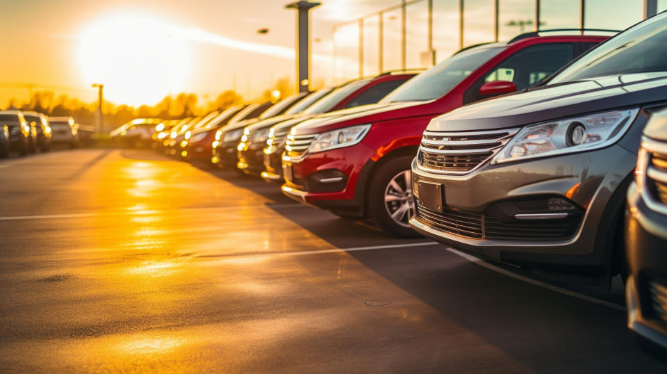 A line of new and used cars in a large auto dealership's showroom.