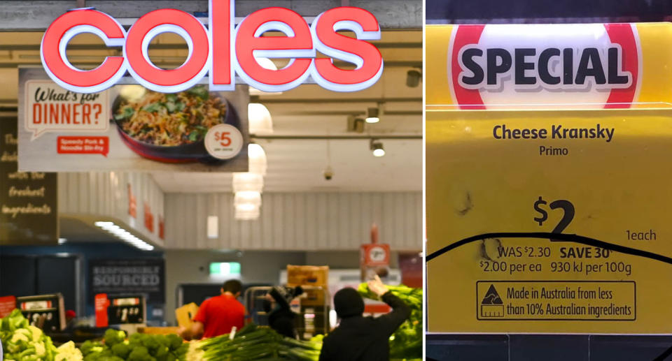 (left) File image of Coles logo Source: AAP (right) yellow price tag for cheese kransky with the Australian Made logo circled. Source: Facebook