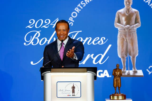 <p>Jon Kolbe/USGA</p> Tiger Woods gives remarks after receiving the Bob Jones Award during a ceremony at the Carolina Hotel, ahead of the 2024 U.S. Open, in Pinehurst, N.C. on Tuesday, June 11, 2024