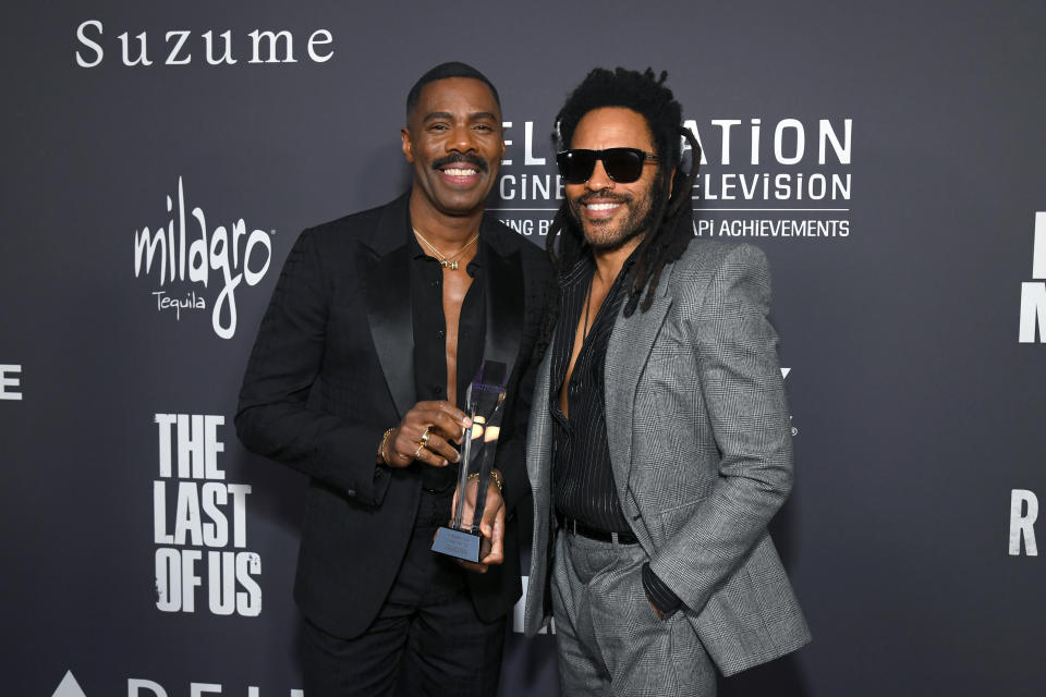 LOS ANGELES, CALIFORNIA - DECEMBER 04: (L-R) Colman Domingo and Lenny Kravitz pose with the Actor Award - Film & Ensemble Award during the Critics Choice Association's Celebration of Cinema & Television: Honoring Black, Latino and AAPI Achievements at Fairmont Century Plaza on December 04, 2023 in Los Angeles, California. (Photo by Alberto E. Rodriguez/Getty Images for Critics Choice Association)