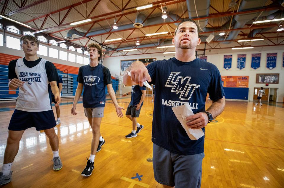 Former Bartow High School basketball player Jeremiah Samarrippas  runs basketball practice for his Lincoln Memorial University Mens basketball team in the Bartow High gym in Bartow Fl Thursday November 3,2022. Samarrippas was a player on a championship Bartow team and was the 5A Player of the Year where he led the team to a championship. He's now the coach of Lincoln Memorial and his team is playing in the Hall of Fame Classic at Florida Southern this weekend.Ernst Peters/The Ledger