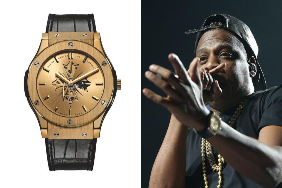watch close up next to close up of Jay Z holding microphone with watch on left hand