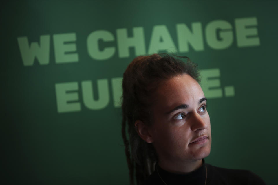 German boat captain Carola Rackete listens to questions during a news conference after attending a Civil Liberties and Justice Committee at the European Parliament in Brussels, Thursday, Oct. 3, 2019. (AP Photo/Francisco Seco)