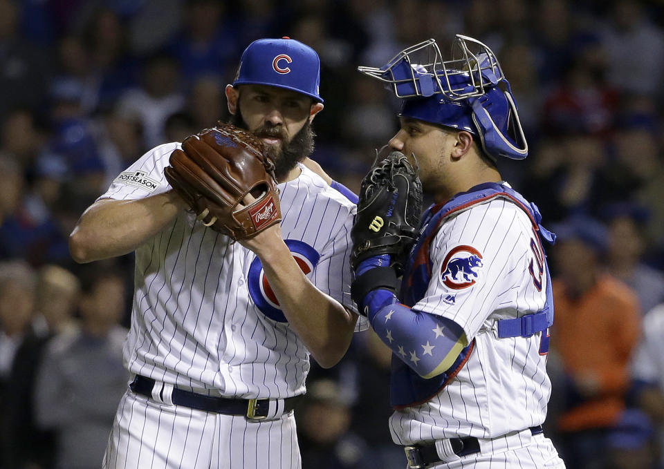 Willson Contreras and Martin Maldonado aren’t happy with the new rule limiting mound visits, and they’re willing to break it. (AP)