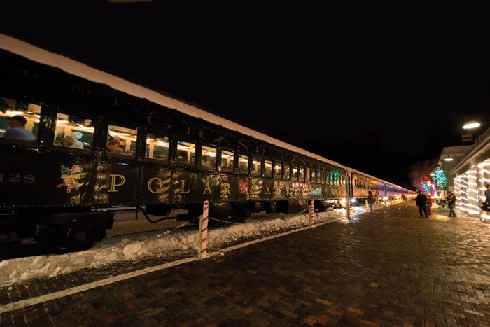 The train depot lit up for the holidays. Courtesy of Grand Canyon Railway