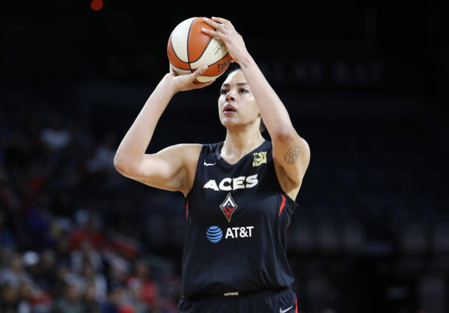 Las Vegas Aces' Liz Cambage, of Australia, plays against the Washington Mystics during the first half of Game 4 of a WNBA playoff basketball series Sept. 24, 2019, in Las Vegas. The Australian Women's National Basketball League says, Friday, Oct. 9, 2020, because of restrictions amid the COVID-19 pandemic, the eight teams will relocate to Queensland state and operate in a bio-security bubble for the duration of the regular season. (AP Photo/John Locher)