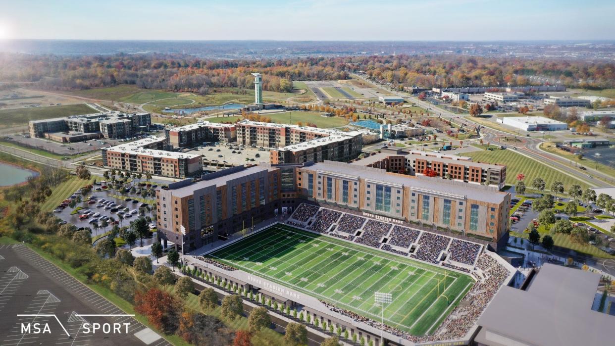 A high school football stadium is the centerpiece of a proposed mixed-use development adjacent to Summit Park in Blue Ash. Here is a rendering from Downtown-based architecture firm MSA Design.