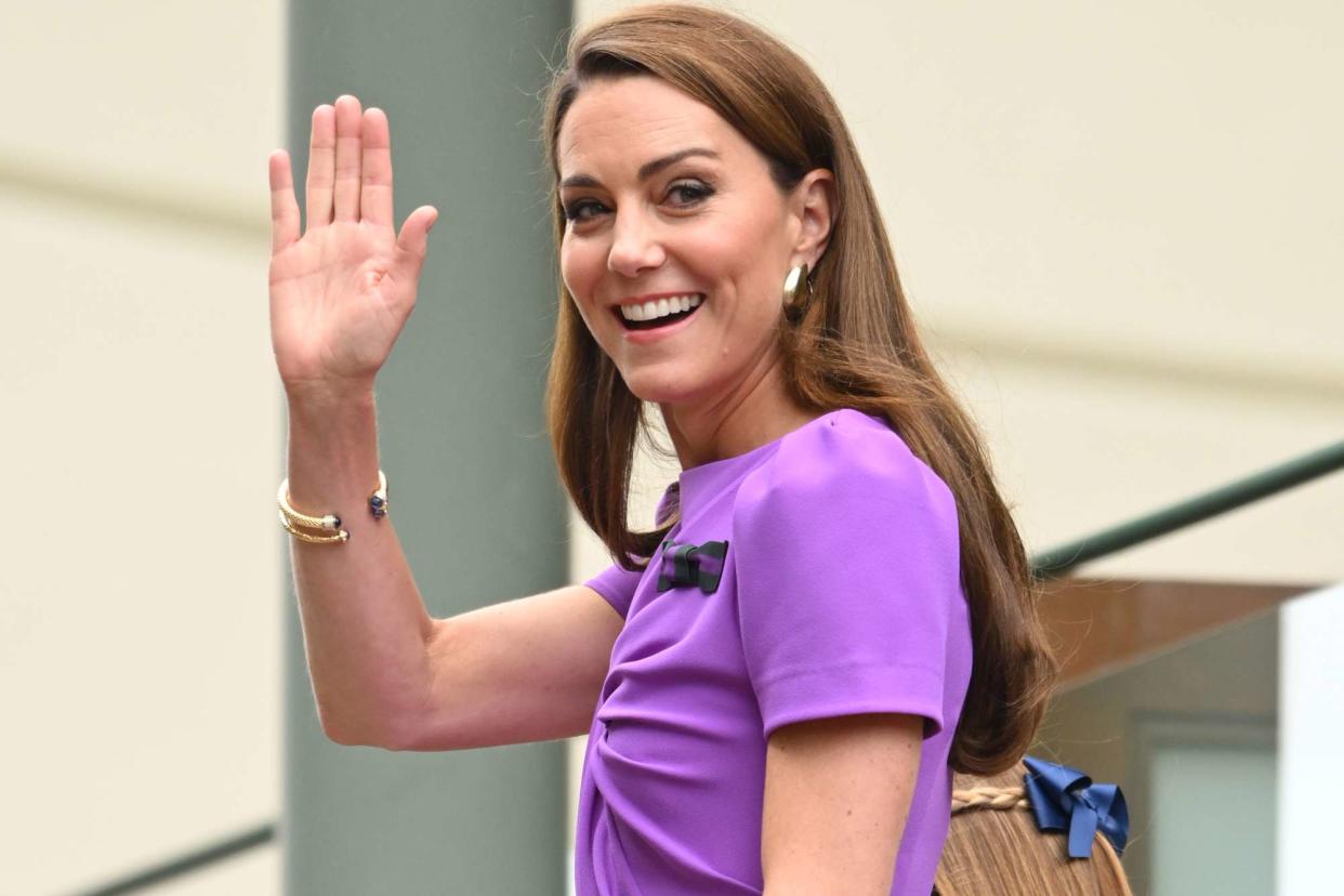 <p>Karwai Tang/WireImage</p> Kate Middleton at Wimbledon on July 14, 2024.