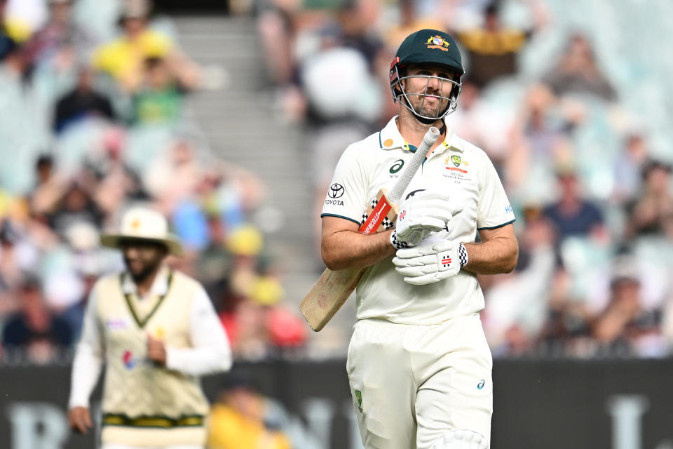 Mitchell Marsh of Australia leaves the field after being dismissed by Mir Hamza of Pakistan during Day 3 of the Second Test. Source: AAP