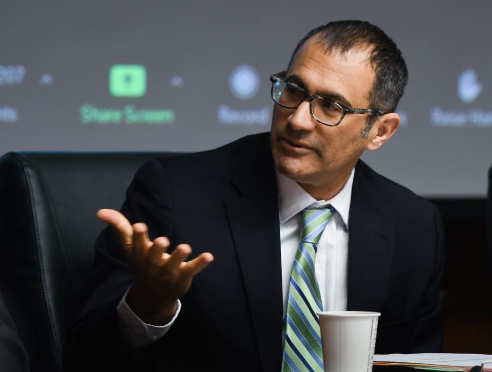 MSU Trusteee Dennis Denno, pictured Friday, April 21, 2023, during the Michigan State University Board of Trustees meeting at the Hannah Administration Building.