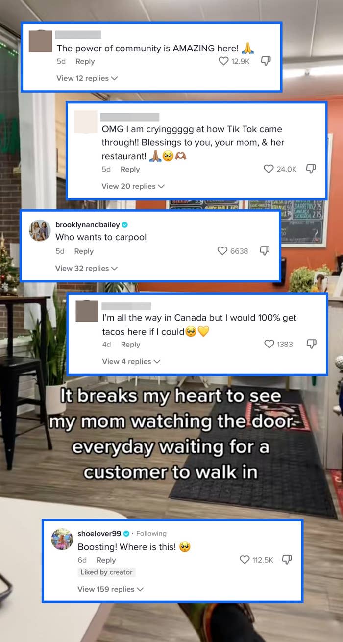 several comments on the video with thousands of likes: "the power of community is amazing here," "i am crying at how tiktok came through," "who wants to carpool," "i'm all the way in canada but I would 100% get tacos here if I could"