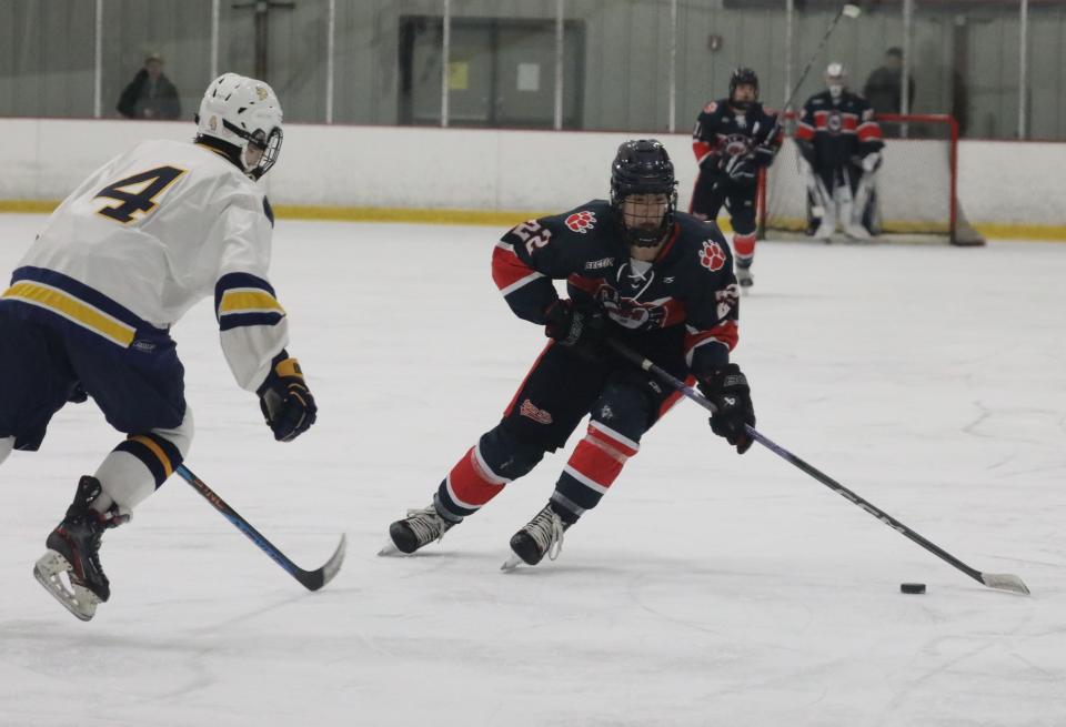 Gavin Nichols from Byram Hills skates toward the net during the Pelham vs. Byram Hills Section One Division II hockey championship at the Brewster Ice Arena in Brewster, Feb. 25, 2024.