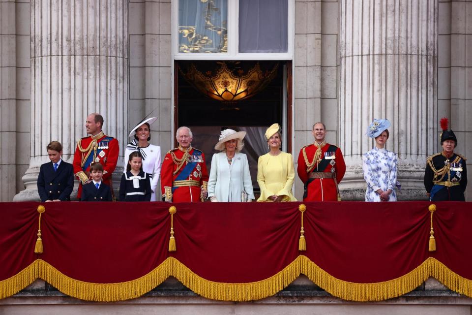 PHOTO: Britain's King Charles III, Queen Camilla, Prince George, Prince William, Prince Louis, Catherine, Princess of Wales, Princess Charlotte on the balcony of Buckingham Palace after attending the 'Trooping the Colour' in London, June 15, 2024. (Henry Nicholls/AFP via Getty Images)