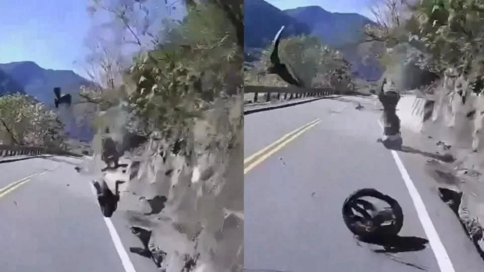 <strong>被超車的黃男行車紀錄器拍到李男自撞山壁的恐怖瞬間。（圖／翻攝「爆廢公社」）</strong>