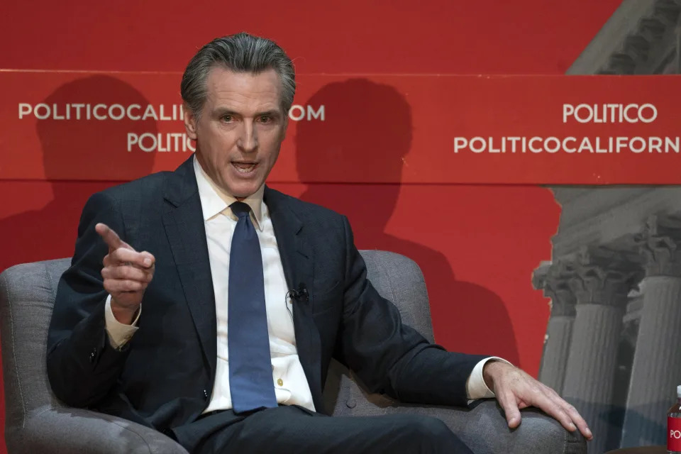 California Gov. Gavin Newsom speaks during an interview with Politico in Sacramento, Calif., Tuesday, Sept. 12, 2023. Newsom said the state will intervene in an ongoing federal court case that has barred San Francisco from cleaning up homeless encampments. (AP Photo/Rich Pedroncelli)