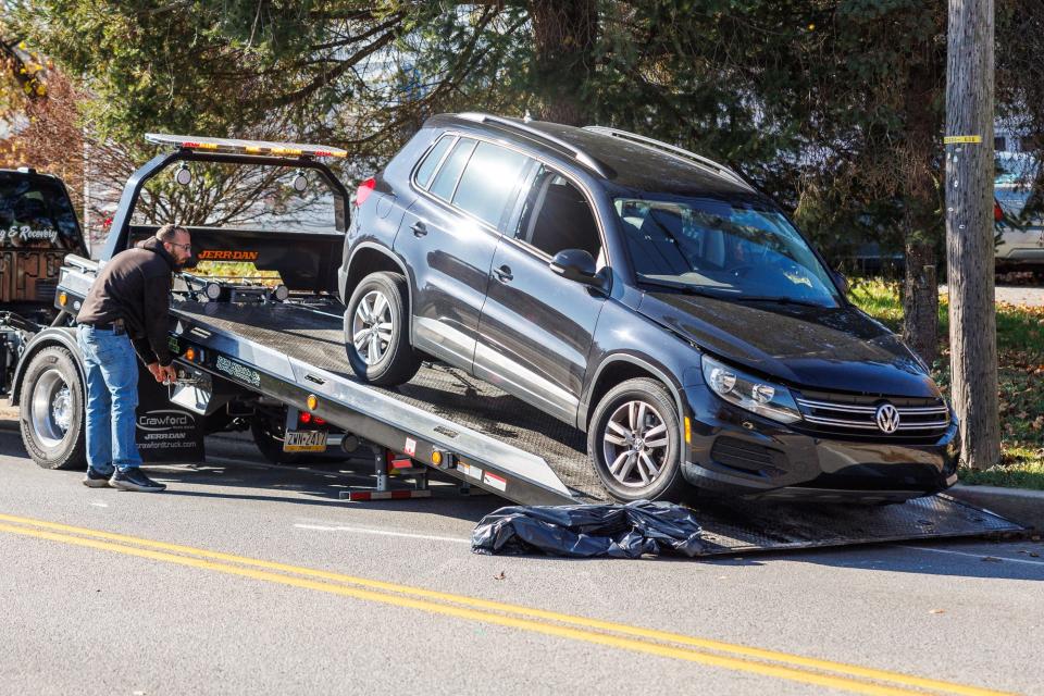 Rebound Towing tows a vehicle at the scene where a driver had an apparent medical event and crashed on the 3000 block of Grandview Road, Monday, Nov. 13, 2023, in Penn Township. The man was transported to the hospital, police said.