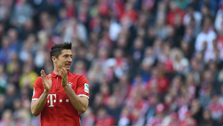 Bayern Munich's striker Robert Lewandowski reacts during the German first division Bundesliga football match against Borussia Dortmund April 8, 2017