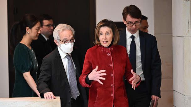 PHOTO: Speaker of the House, Nancy Pelosi arrives for her final weekly press briefing in the US Capitol Visitor Center in Washington, D.C., on Dec. 22, 2022. (Mandel Ngan/AFP via Getty Images)