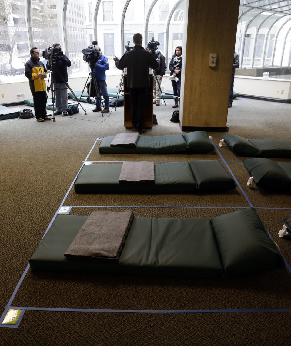 Portland Mayor Ted Wheeler introduces the opening of a new homeless shelter in Portland, Ore., Tuesday, Jan. 17, 2017. A stillborn infant was found with his homeless mother at a Portland bus stop in the cold earlier this month and,while the infant's death was not blamed on the cold, it has drawn more attention to an unusually harsh winter that has led to several exposure deaths among the city's homeless. (AP Photo/Don Ryan)