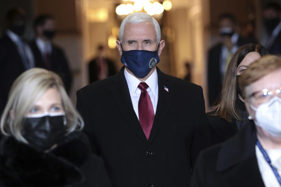 Vice President Mike Pence arrives at the inauguration of U.S. President-elect Joe Biden on the West Front of the U.S. Capitol on Wednesday, Jan. 20, 2021 in Washington (Win McNamee/Pool Photo via AP)