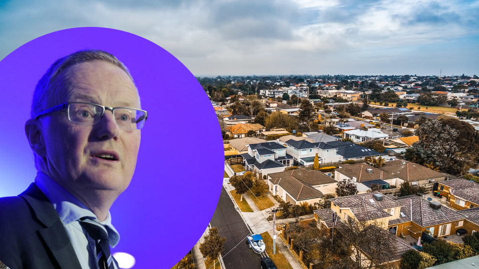 Pictured: Reserve Bank of Australia governor Philip Lowe speaks, aerial view of Australian suburb. Images: Getty