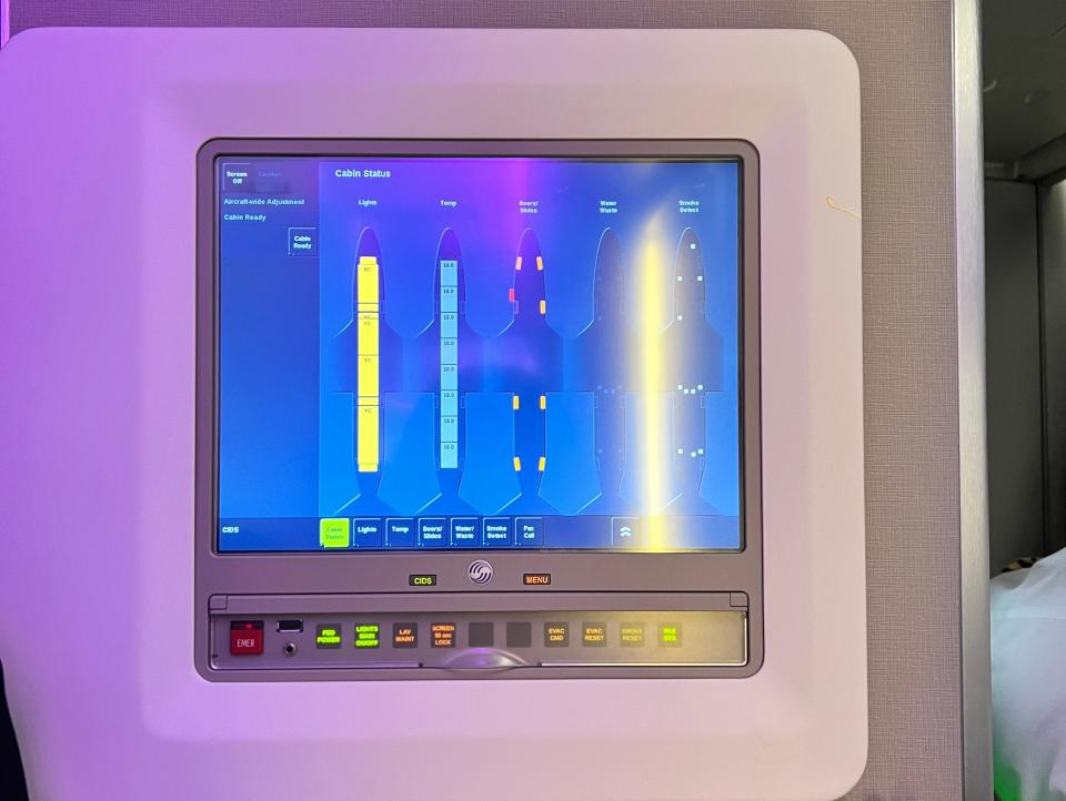 A control panel display shows how cabin crew can see the status of different equipment onboard the A350
