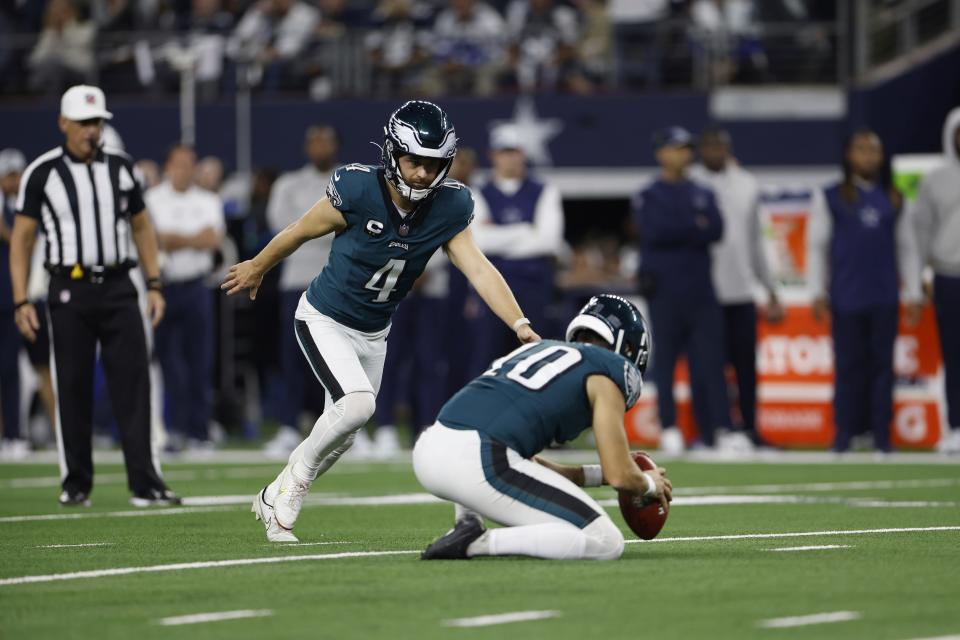 Philadelphia Eagles kicker Jake Elliott (4) kicks a field goal during the first half of an NFL football game against the Dallas Cowboys, Sunday, Dec. 10, 2023, in Arlington, Texas. (AP Photo/Matt Patterson)