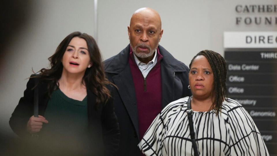 Caterina Scorsone, James Pickens Jr., Chandra Wilson in Grey's Anatomy S19 finale