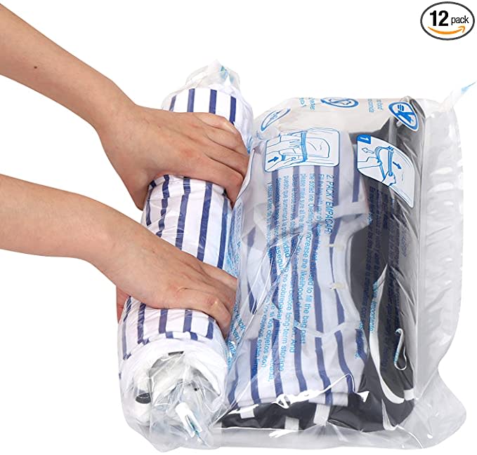 Hibag 12-Pack Roll-Up Space Saver Storage Bags for Travel (Amazon)