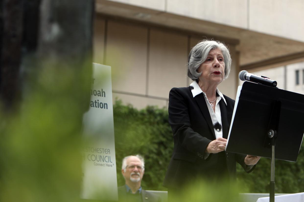 Holocaust survivor Annie Kleinhaus, 87, speaks at the annual Yom Hashoah Holocaust commemoration presented by the Holocaust & Human Rights Education Center and Westchester Jewish Council at the Garden of Remembrance in White Plains May 6, 2024.