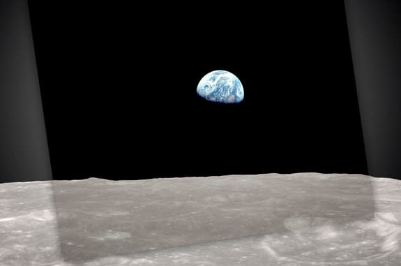 "Earthrise," as photographed by the Apollo 8 crew on Christmas Eve 1968, laid over NASA's 2013 recreation using Lunar Reconnaissance Orbiter (LRO) data. CREDIT: NASA/GSFC
