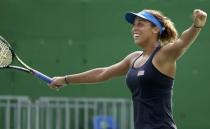 2016 Rio Olympics - Tennis - Preliminary - Women's Singles Second Round - Olympic Tennis Centre - Rio de Janeiro, Brazil - 08/08/2016. Madison Keys (USA) of USA celebrates after winning her match against Kristina Mladenovic (FRA) of France. REUTERS/Kevin Lamarque