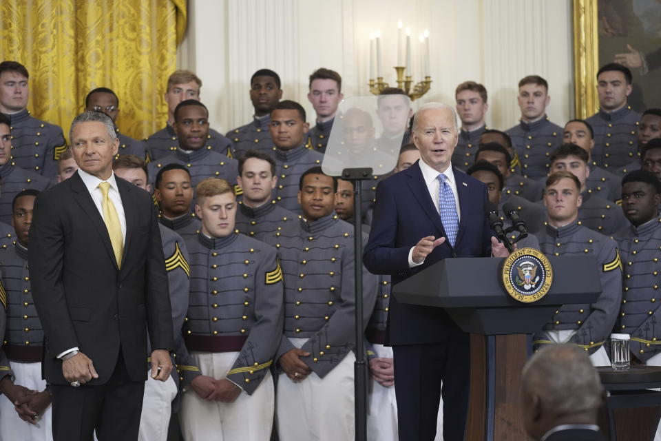 President Joe Biden speaks during an event to present the Commander-in-Chief's Trophy to the United States Military Academy Army Black Knights, in the East Room of the White House, Monday, May 6, 2024, in Washington. (AP Photo/Evan Vucci)