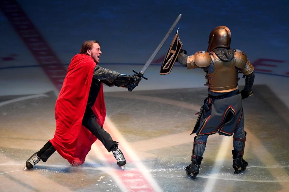 LAS VEGAS, NV - MAY 30:  Zack Frongillo (L), representing the Washington Capitals, battles Lee Orchard as the Golden Knight during a pregame show prior to Game Two of the 2018 NHL Stanley Cup Final at T-Mobile Arena on May 30, 2018 in Las Vegas, Nevada.  (Photo by Ethan Miller/Getty Images) ORG XMIT: 775169121 ORIG FILE ID: 963878988