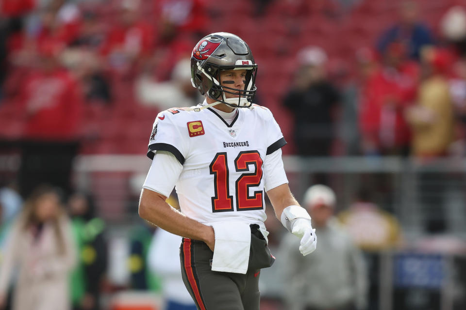 SANTA CLARA, CALIFORNIA - DECEMBER 11: Tom Brady #12 of the Tampa Bay Buccaneers warms up before the game against the San Francisco 49ers at Levi&#39;s Stadium on December 11, 2022 in Santa Clara, California. (Photo by Lachlan Cunningham/Getty Images)