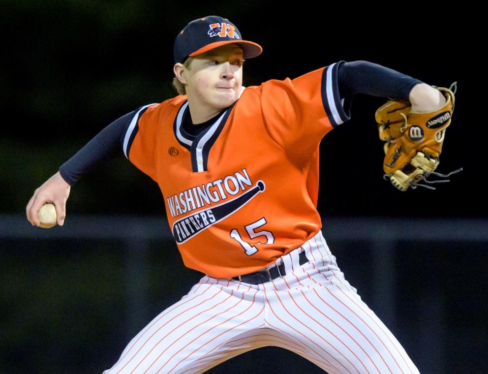 Washington pitcher Brady Johnson finishes out the game against Metamora on Monday, April 3, 2023 at Washington Community High School. The Panthers blanked the Redbirds 5-0.