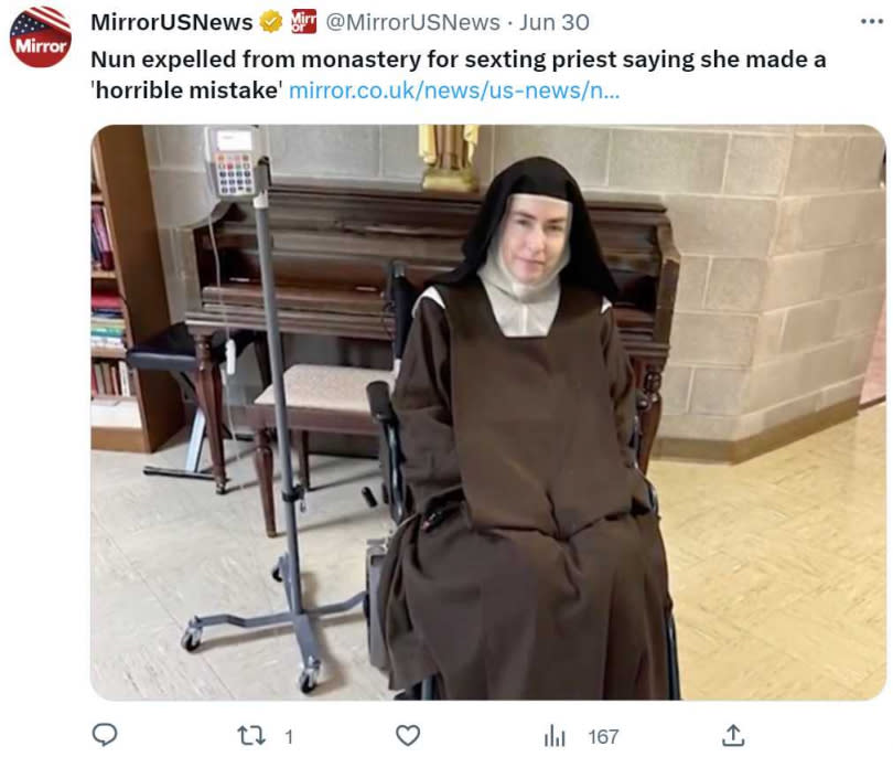 女修道院院長格拉赫被發現與其他教區的神父偷情。（圖／翻攝自推特）  