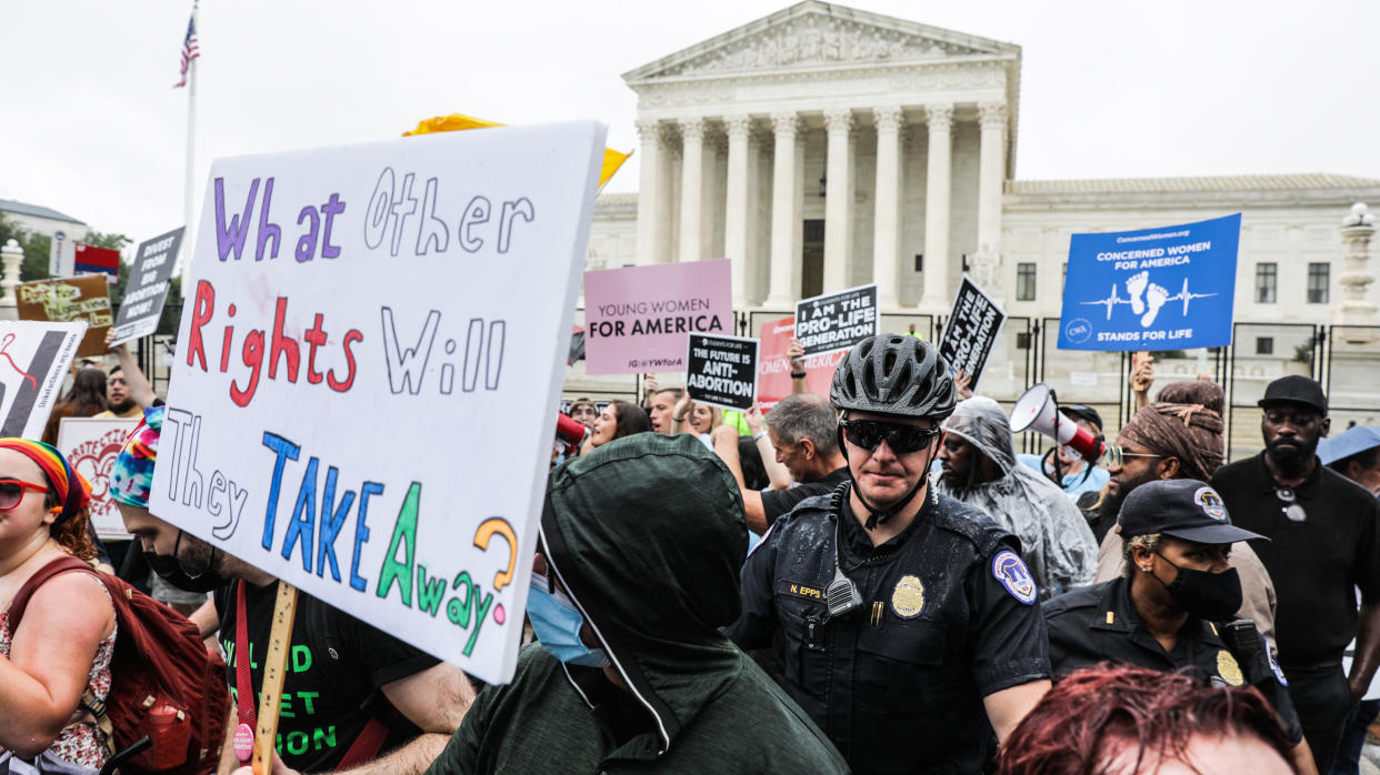 Abortion rights and anti-abortion demonstrators outside the US Supreme Court in Washington, D.C., US, on Thursday, June 23, 2022. (Valerie Plesch/Bloomberg via Getty Images)