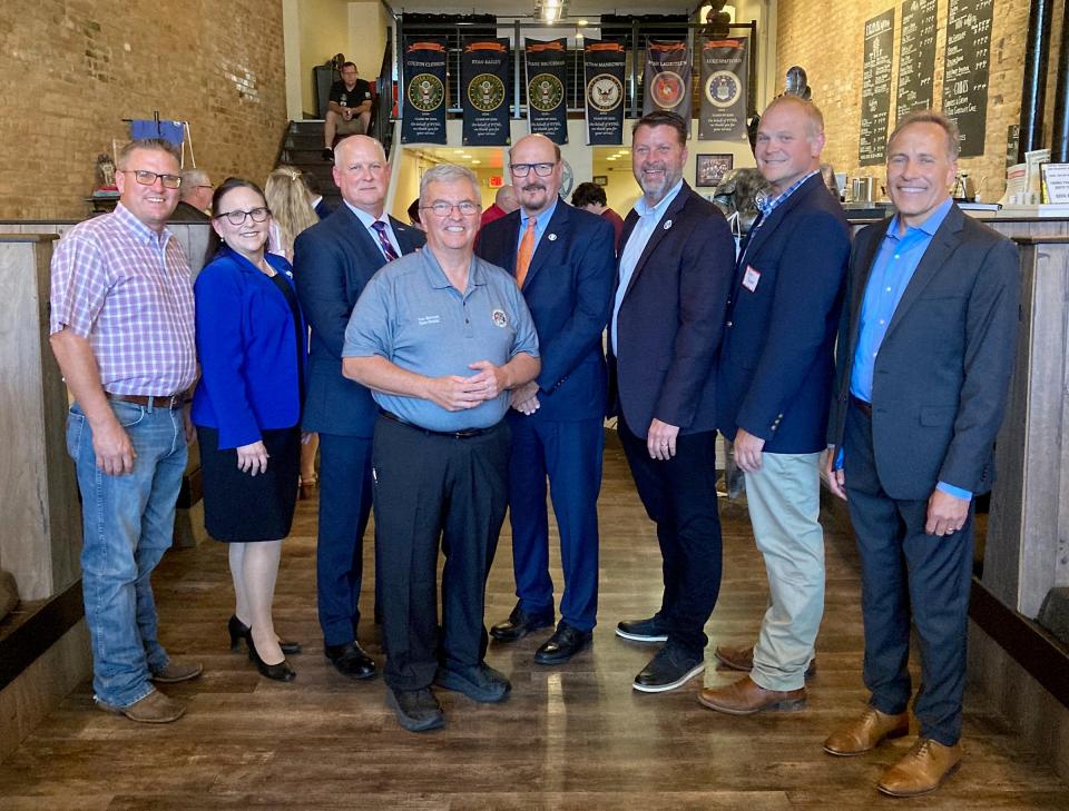 Candidates for the 53rd Senate district seat met in Pontiac on Oct. 5. In attendance were, from left, Rep. Jason Bunting (R-106th), Susan Wynn Bence, Mike Kirkton, Sen. Tom Bennett, Gary Manier, Rep. Dennis Tipsword (105th), Jesse Faber and Chris Balkema.