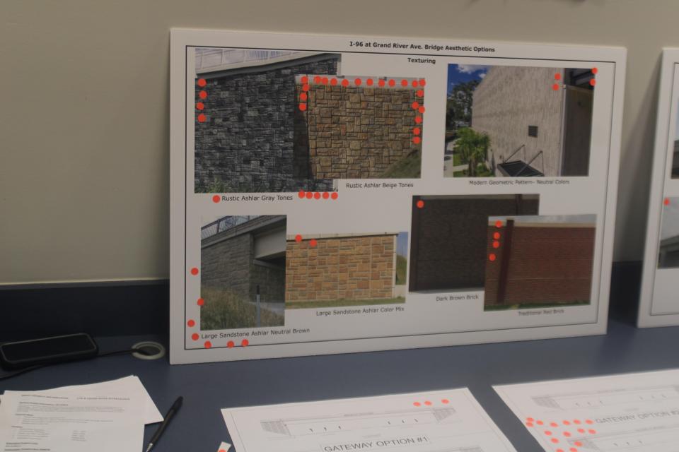 The Michigan Department of Transportation hosted a public meeting Nov. 30 at the Brighton Police Department to discuss the I-96/Grand River Avenue project in Brighton. People could vote on preferred bridge aesthetic options, including designs for the gateway, texture and barrier railing.