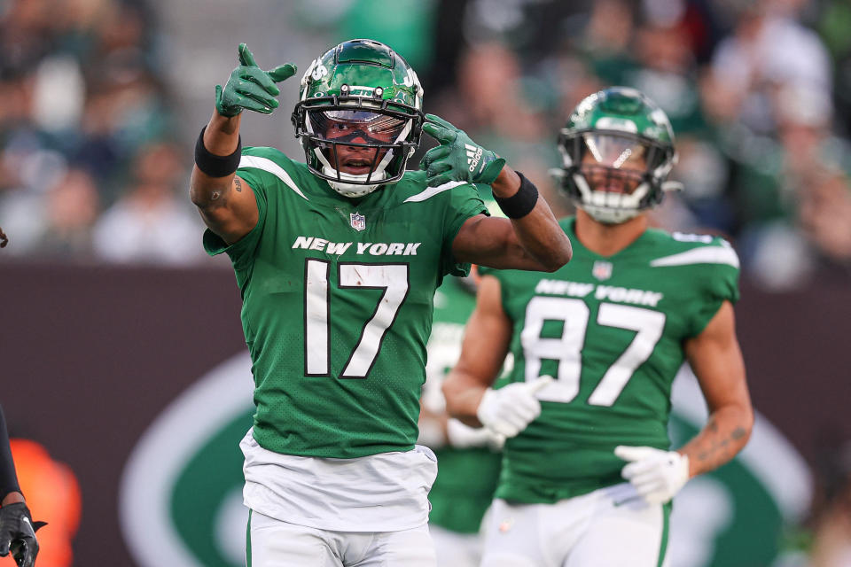 Oct 15, 2023; East Rutherford, New Jersey, USA; New York Jets wide receiver Garrett Wilson (17) reacts after a first down during the first half against the Philadelphia Eagles at MetLife Stadium. Mandatory Credit: Vincent Carchietta-USA TODAY Sports